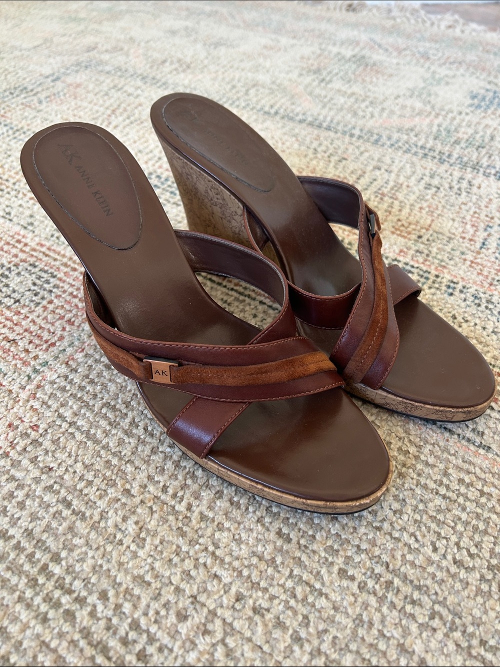 Anne Klein Dark Brown Leather Suede Strap Wedge Sandals